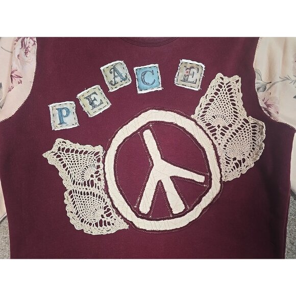 OOAK Upcycled Reworked Sweatshirt PEACE Vtg Doily Floral Appliques Boyfriend M - Picture 2 of 16